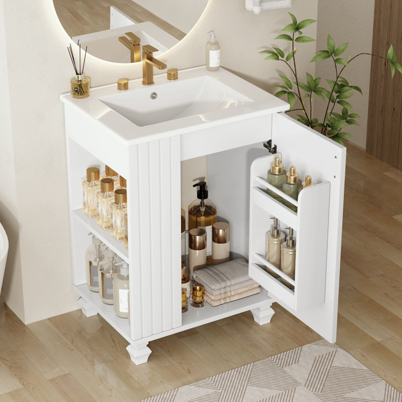 Meuble-lavabo de salle de bain avec lavabo en céramique, tablette de porte et rangement latéral ouvert, Blanc