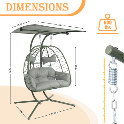 Fauteuil œuf suspendu en osier pour 2 personnes avec auvent réglable, balancelle double avec support, chaise hamac d'extérieur avec coussins d'une capacité de 600 lb