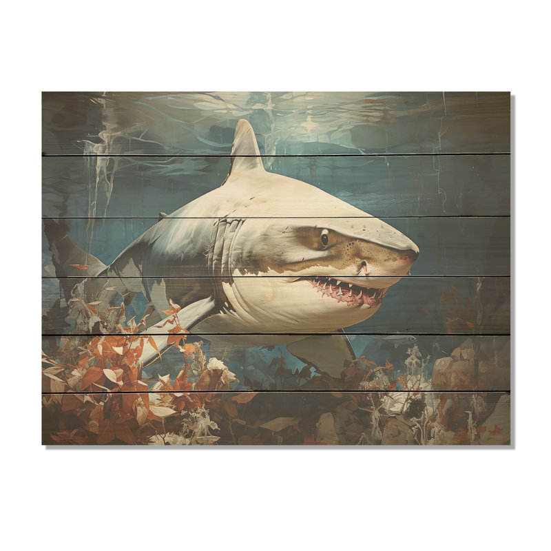 Minimalisme, chasse aux requins - Art mural en bois d'animaux côtiers sur bois de pin naturel, H 24 po x l 32 po