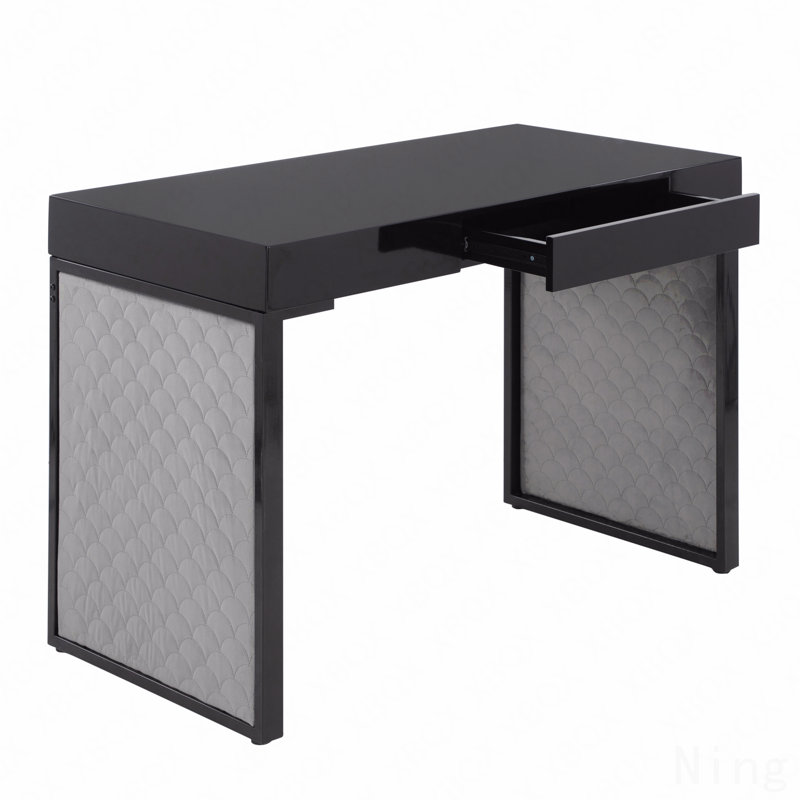Bureau rembourré, acier noir, bois noir et velours argenté