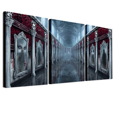 Couloir gothique avec colonnes en forme de crâne et ensemble de 3 toiles murales d'Halloween