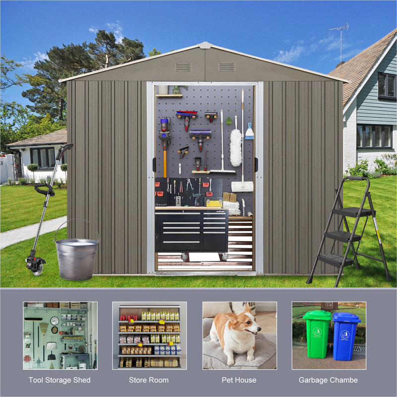8' x 10' Gray Metal Outdoor Storage Shed with Lockable Door
