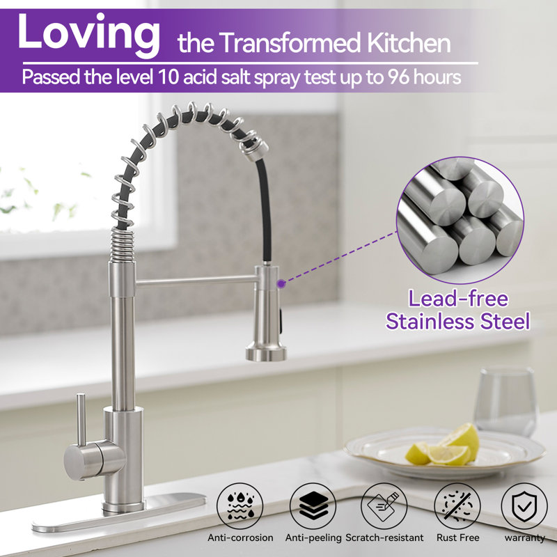 Single-Handle Pull-Down Sprayer High Arc Kitchen Faucet With Deck Plate, Brushed Nickel