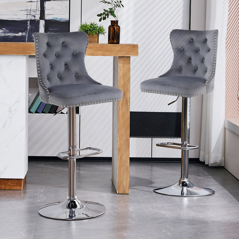 Swivel Upholstered Adjustable Height Counter Stool with Metal Frame, Gray, Silver