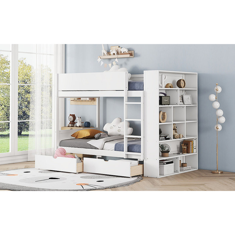 Lit superposé avec 2 tiroirs et armoire à couches multiples, Simple sur simple, Blanc