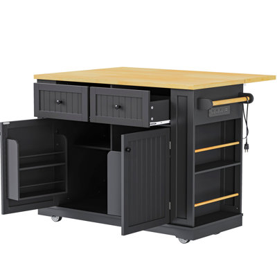 48" Modern Rolling Kitchen Island With Drop Leaf And Power Outlet, Mobile Kitchen Island With Storage Cabinets And 2 Drawers, Wooden Kitchen Cart For Kitchen, Dining Room, Black(No Bar Stools)
