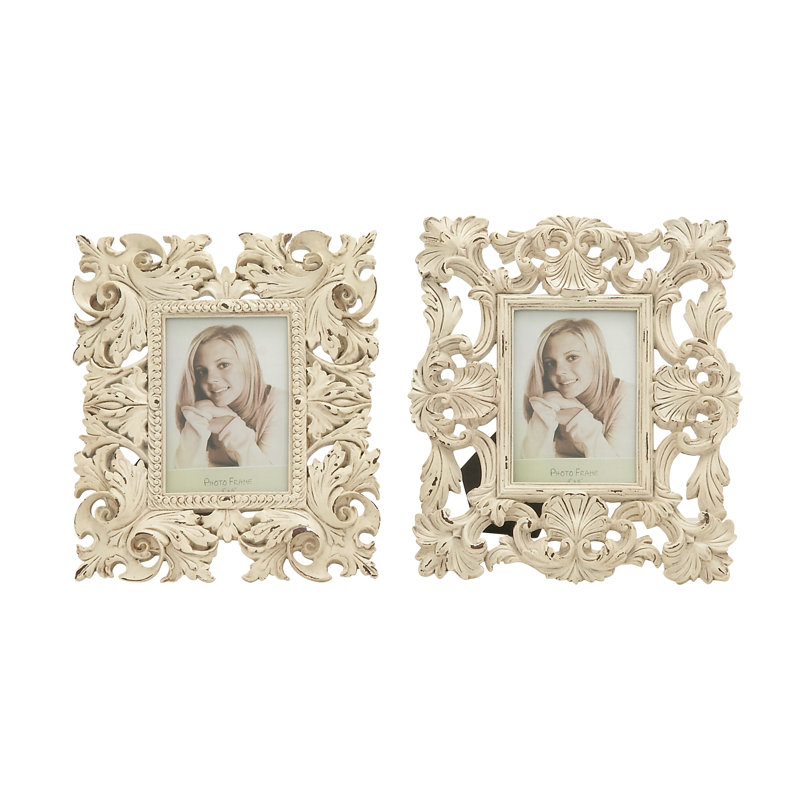 White Floral Embossed Tabletop and Wall Picture Frames Set