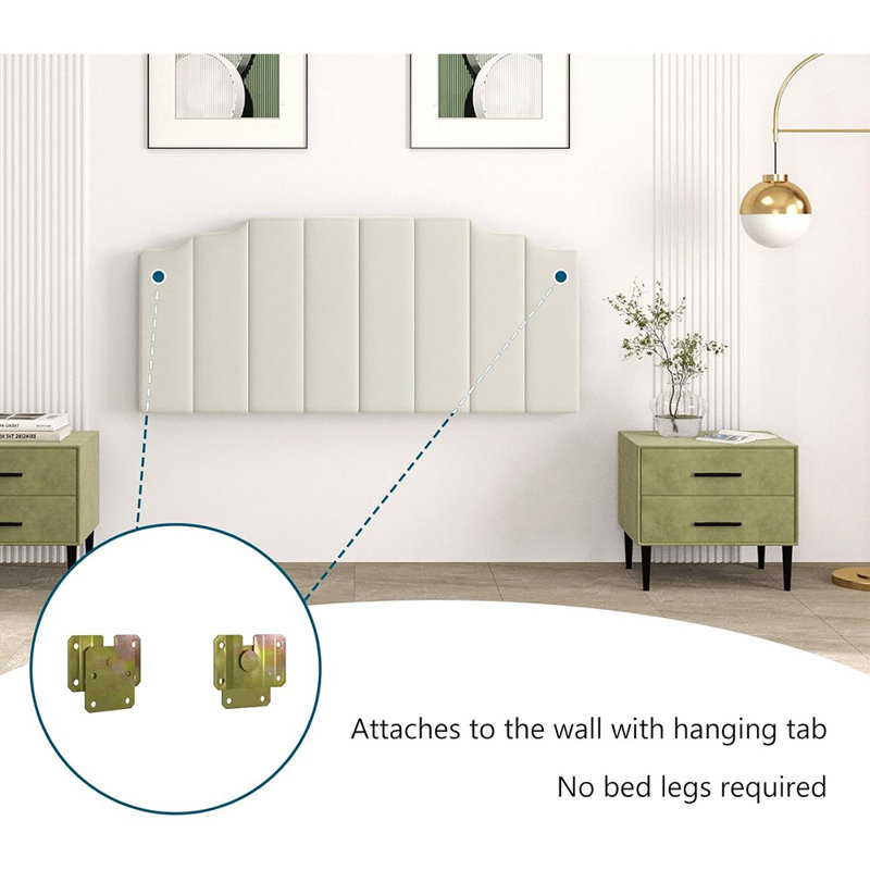 Cream Velvet Queen/Full Wall Mounted Headboard – Modern Vertical Channel Tufted Upholstered Design, Cream, Queen