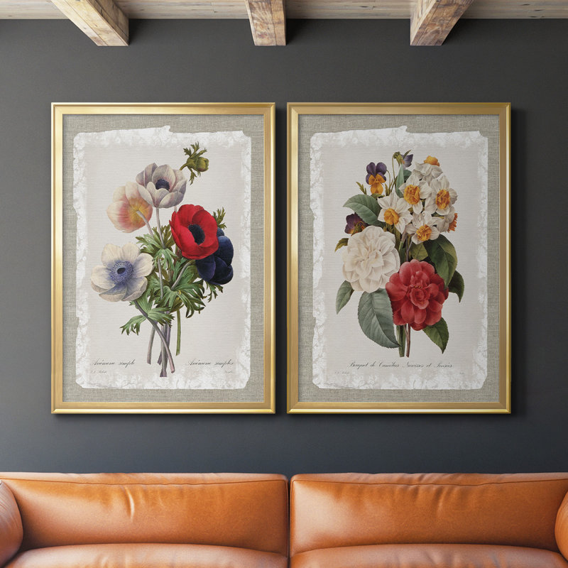 Botanical Bouquet Anemone, toile encadrée de qualité supérieure - prête à être accrochée, H 24,5 po x l 37 po x P 1,25 po, Or