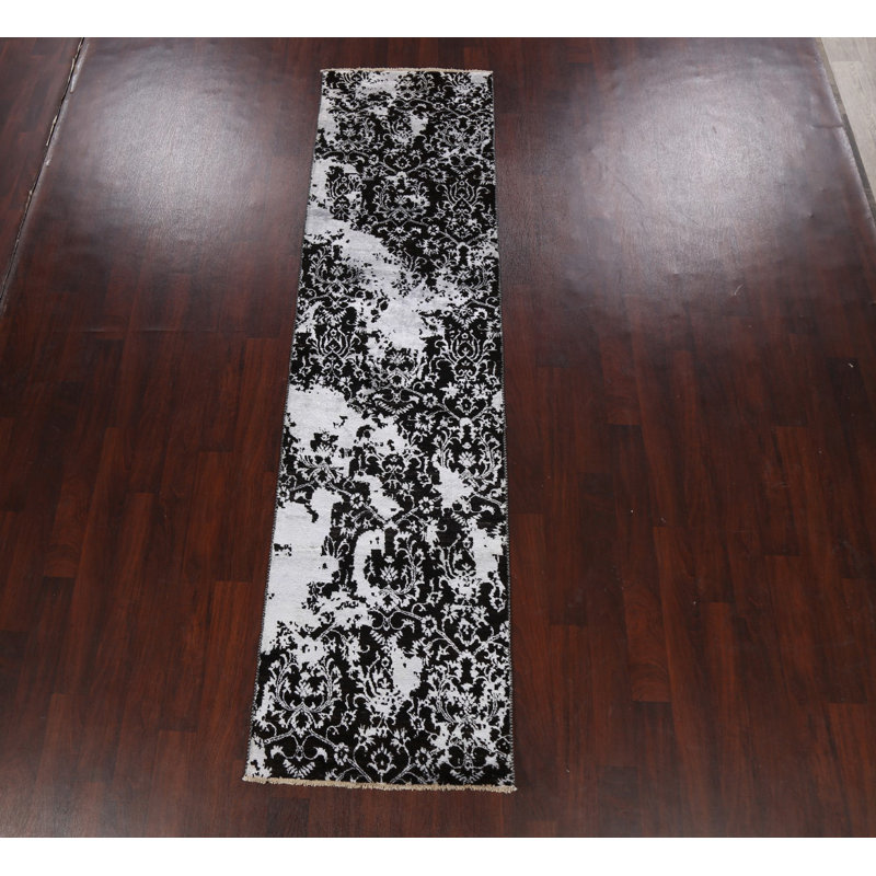 Tapis de couloir noir en laine noué à la main de conception unique 2 pi 8 po x 10 pi 6 po New Age