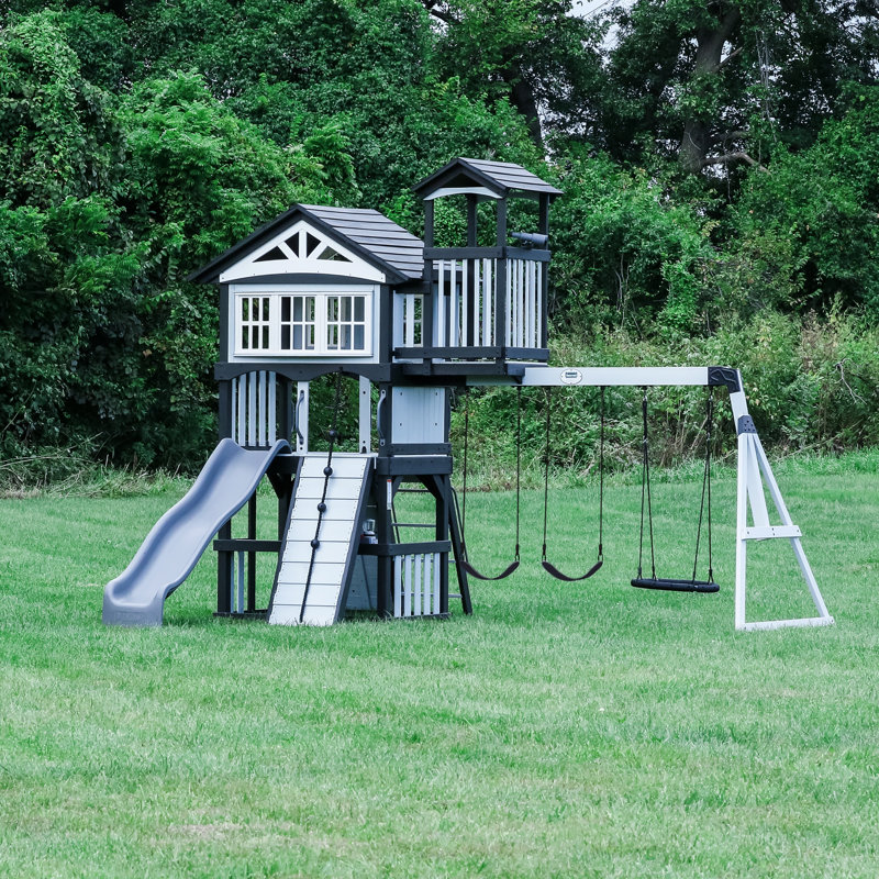 Backyard Discovery Whispering Point Light Gray Cedar Wood Swing Set with Wave Slide, Clubhouse, Crow's Nest, and Play Kitchen