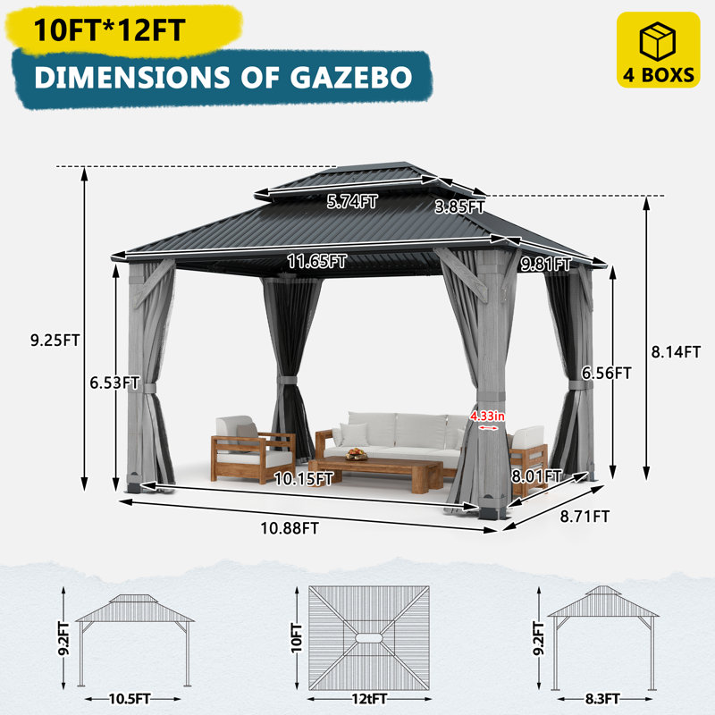 Patio Double-Vented Galvanized Steel Top Gazebo, 12 ft. W x 10 ft. D