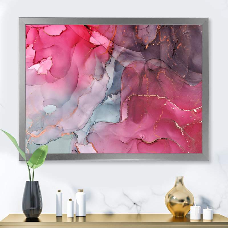 Art liquide rouge et vert - peinture sur toile, H 12 po x l 20 po, Cadre de coin argenté fermé