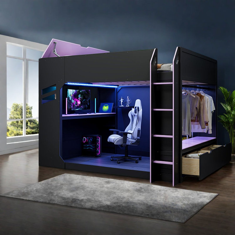 Lit mezzanine avec rangement, lit de jeu moderne en bois aggloméré pour maison compacte