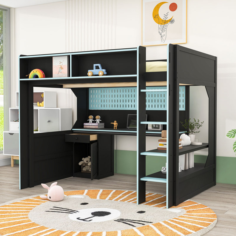 Deluxe Loft Bed with Workstation, Storage Shelves, LED Strips and Charging Station, Black Blue, Full