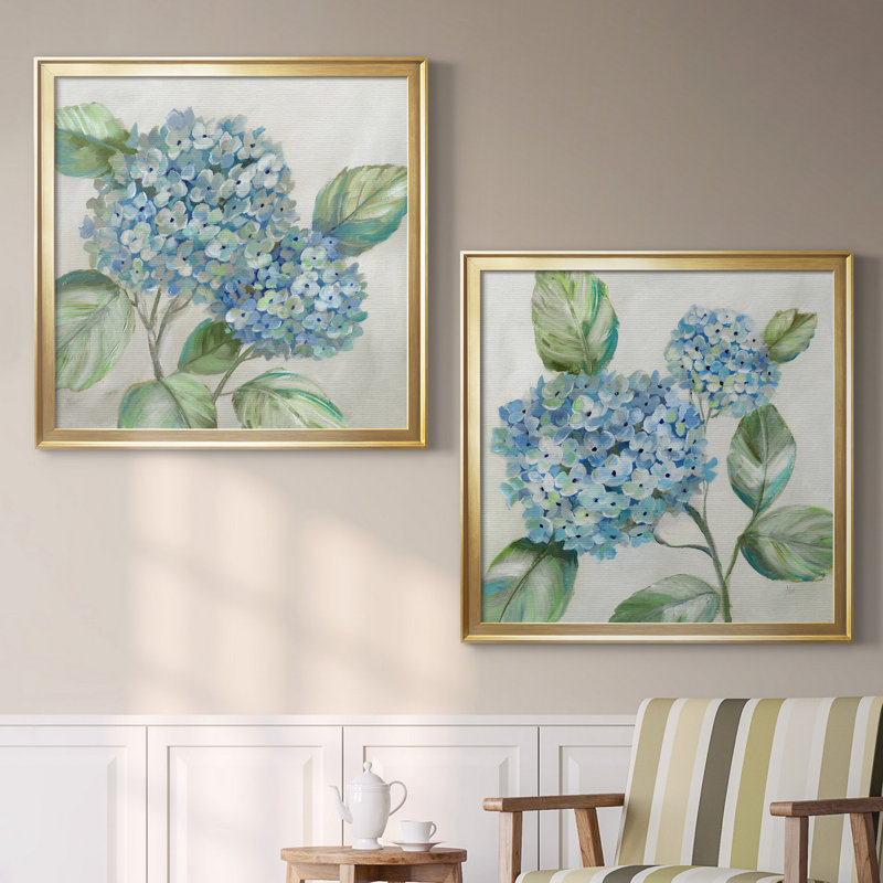 «Hydrangea Beauty I», ensemble de 2 reproductions d'art encadrées, H 34,5 po x l 69 po, Toile avec cadre noir, Doré