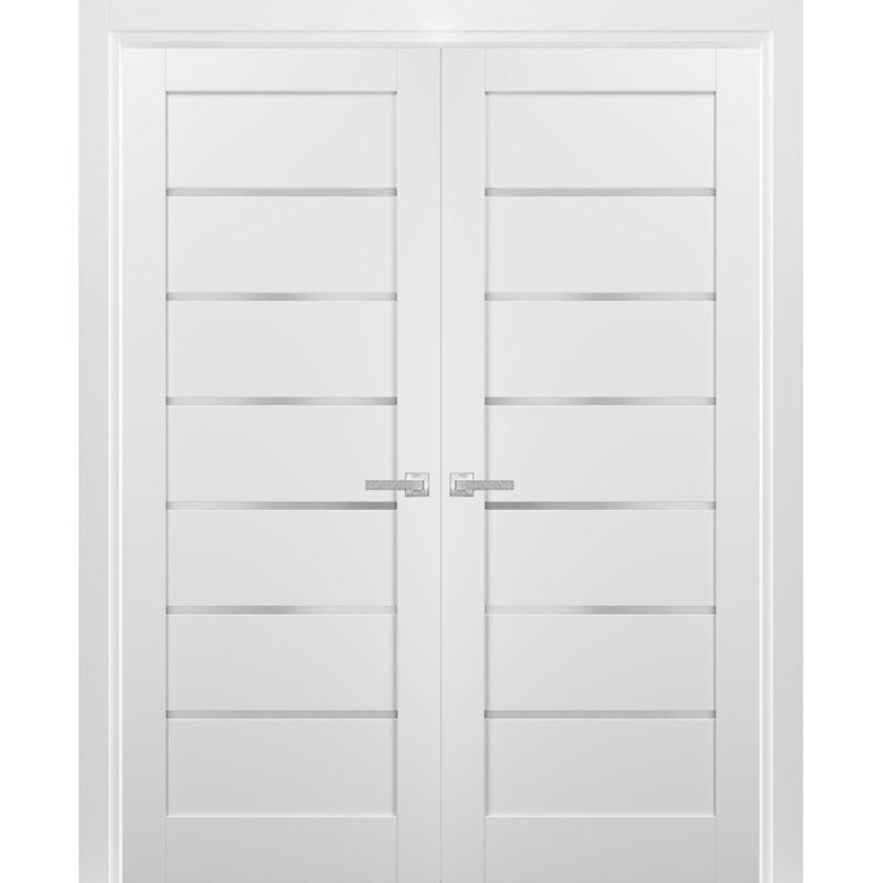 Portes françaises blanches en verre givré Quadro avec trousse de quincaillerie d'installation, 48 po x 96 po