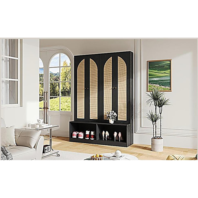 Hall Tree with 4 Rattan Doors, Versatile 4-In-1 Seating Bench with 6 Hooks, Mid-Century Entryway Shoe Cabinet with Adjustable Shelf