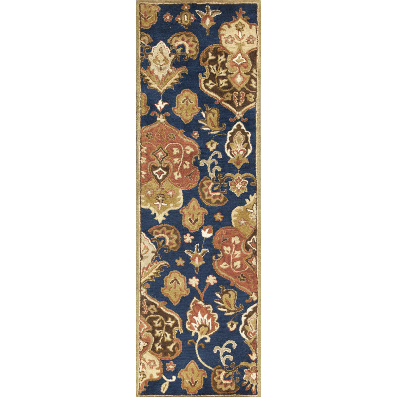 Tapis bleu / orange en laine touffeté à la main Blarwood, Tapis de couloir 2 pi 3 po x 7 pi 6 po