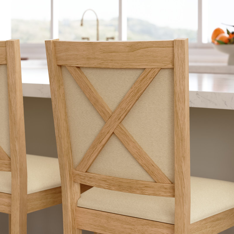 Tabouret de bar à hauteur de comptoir, assise rembourrée, dossier en X, bois de ferme, chêne blond et tissu beige