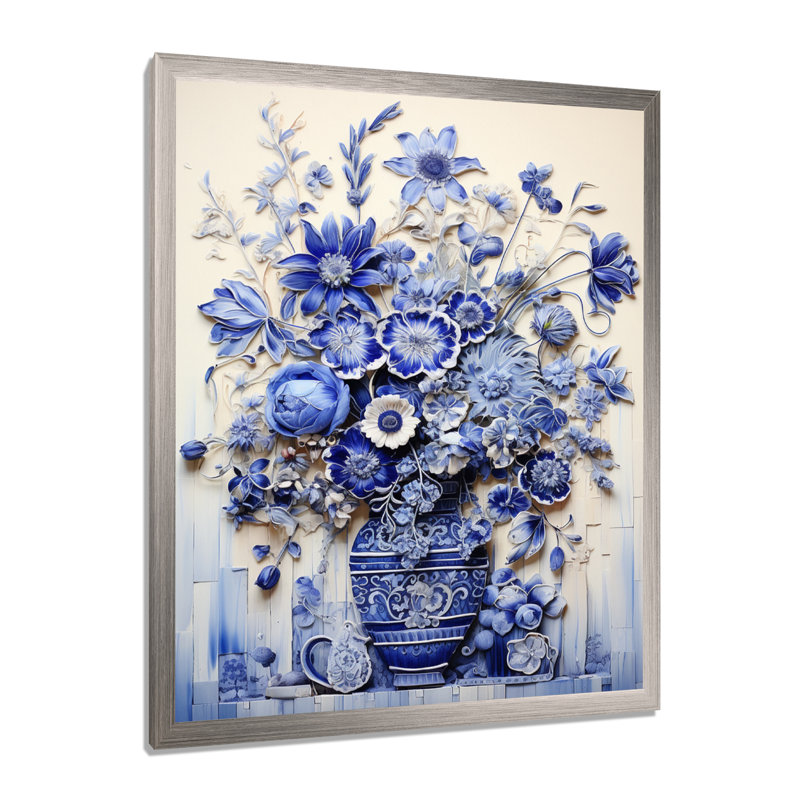 «Blue and White Boho plant Pottery II», impression sur toile Boho Pottery, H 40 po x l 30 po x P 1,5 po, Cadre simple argenté