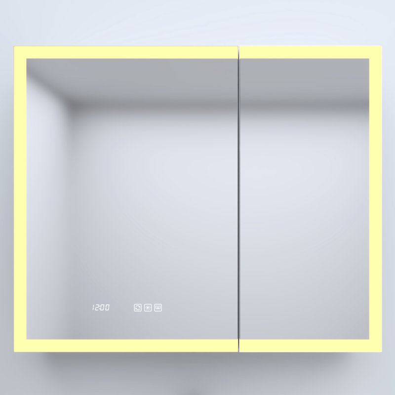 36 po Armoire à pharmacie rectangulaire en aluminium argenté encastré / à fixation en surface avec miroir haute définition l 30 po x H 30 po, DEL intégrée, dossier robuste, tablettes réglables, horloge de charge à détection automatique,