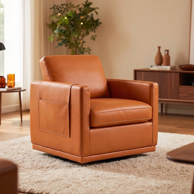 Fauteuil pivotant d'appoint en cuir véritable de 76 cm (30 po) avec poche latérale réglable et structure en bois massif