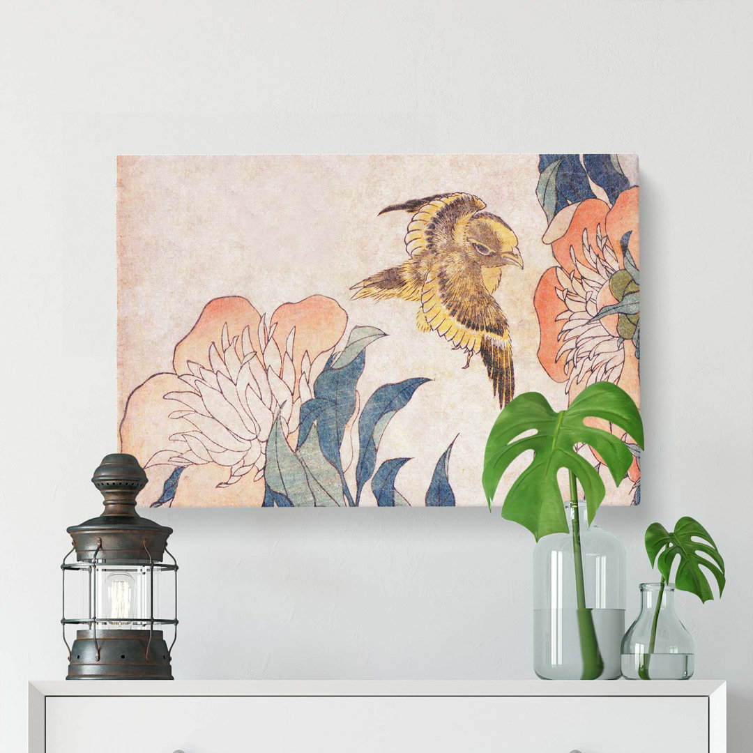 Peony Flower and Canary by Katsushika Hokusai - Wrapped Canvas Art - Wrapped Canvas