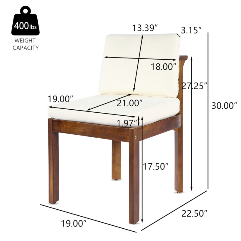Chaise de salle à manger d'extérieur en bois d'acacia, ensemble de 2 coussins en bois et crème