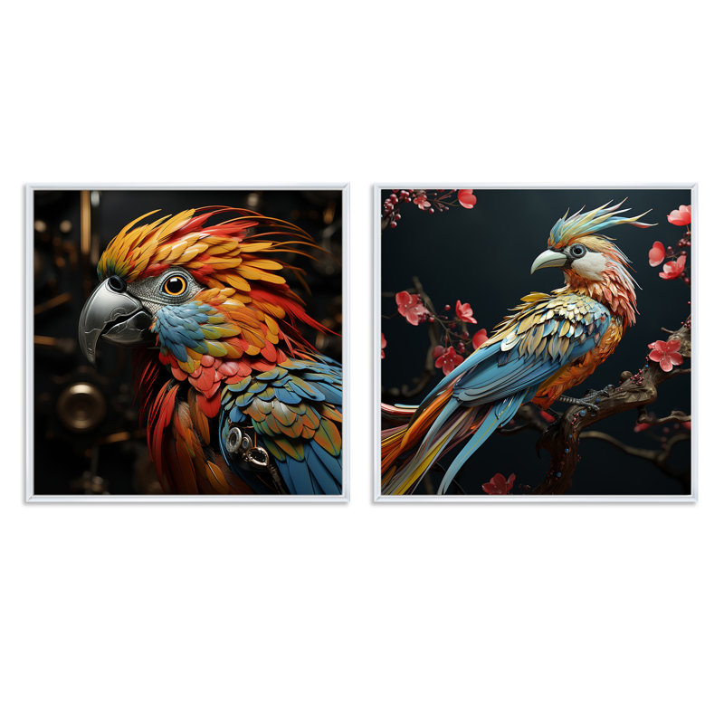 Ensemble de 2 oiseaux oiseaux expressionnistes, Cadre flottant blanc, H 36 po x l 73 po