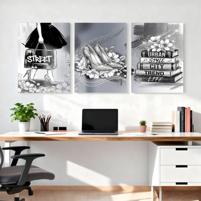 Fashionable Woman With Shopping Bag High Heels And Books Canvas Wrapped Wall Art Set Of 3 For Living Room Bedroom Or Office Decor