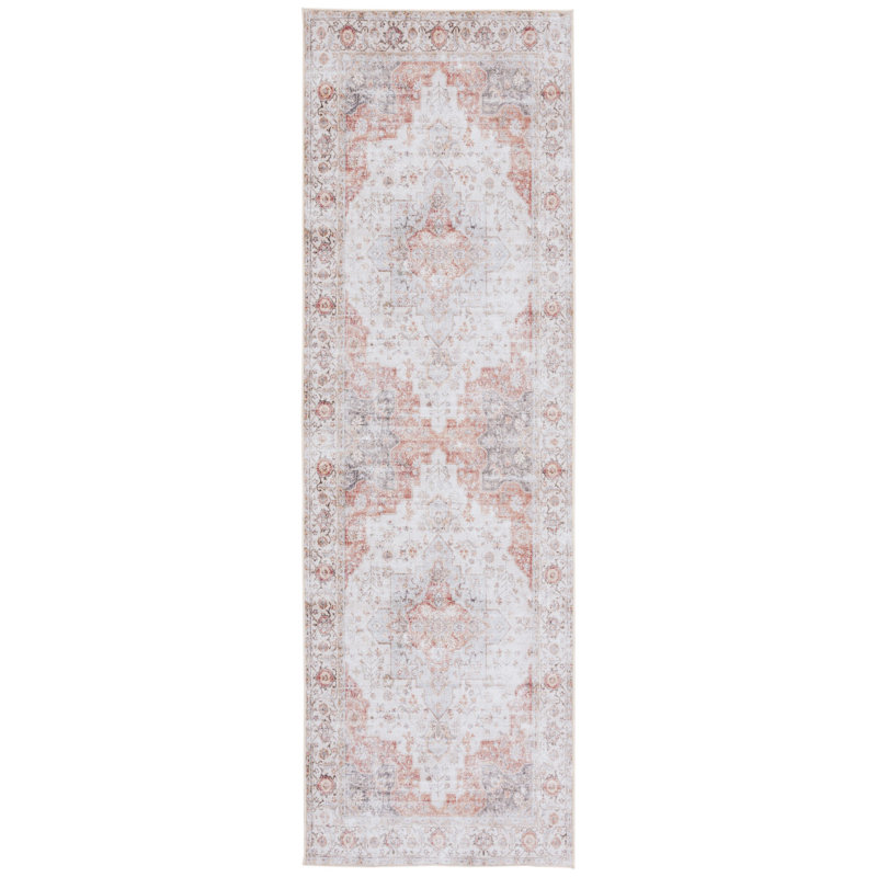 Tucson Windsor Machine Washable Non-Slip Area Rug In Light Grey & Rust, Runner 76 x 671 cm