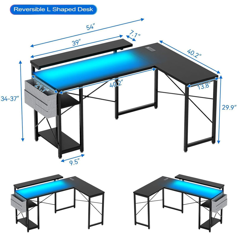 Bureau de jeu en L 54 po avec prise de courant et lumière DEL, conception ergonomique, support pour écran réglable, bureau d'angle réversible pour le bureau personnel, le bureau et les jeux
