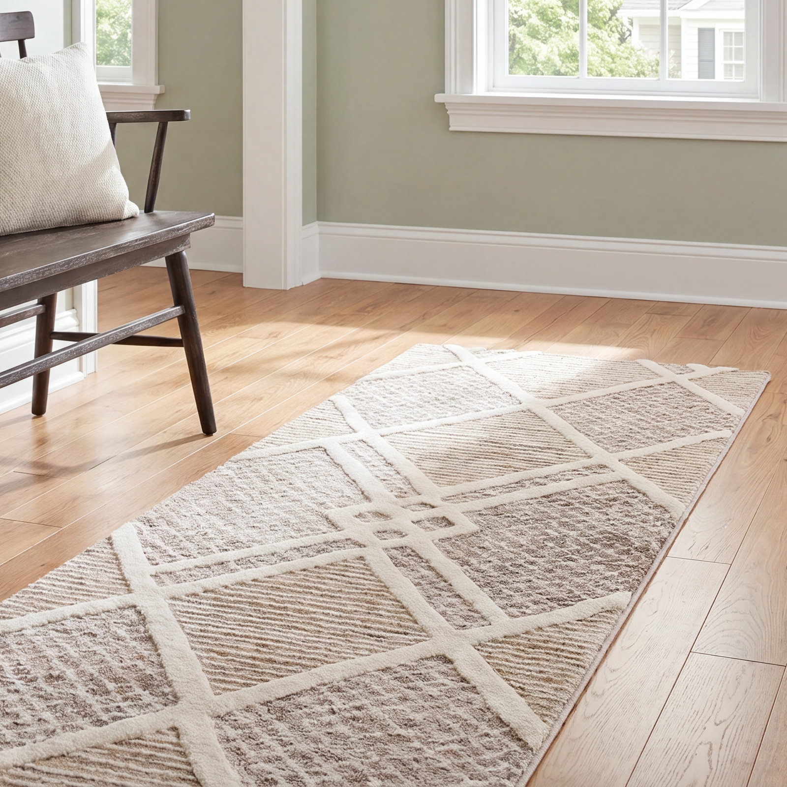 Beige Ivory Hand-Tufted Wool Geometric Rug, Runner 2'3" x 8'