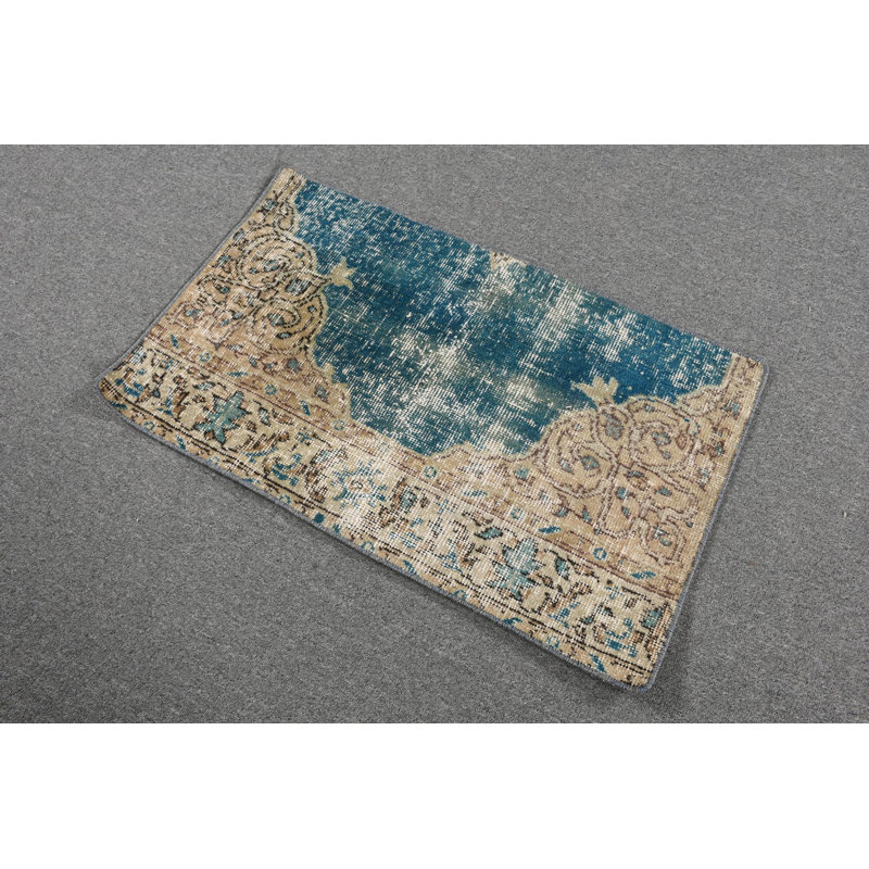 Tapis turc vintage en laine Oushak beige et bleu pour le salon ou le vestibule