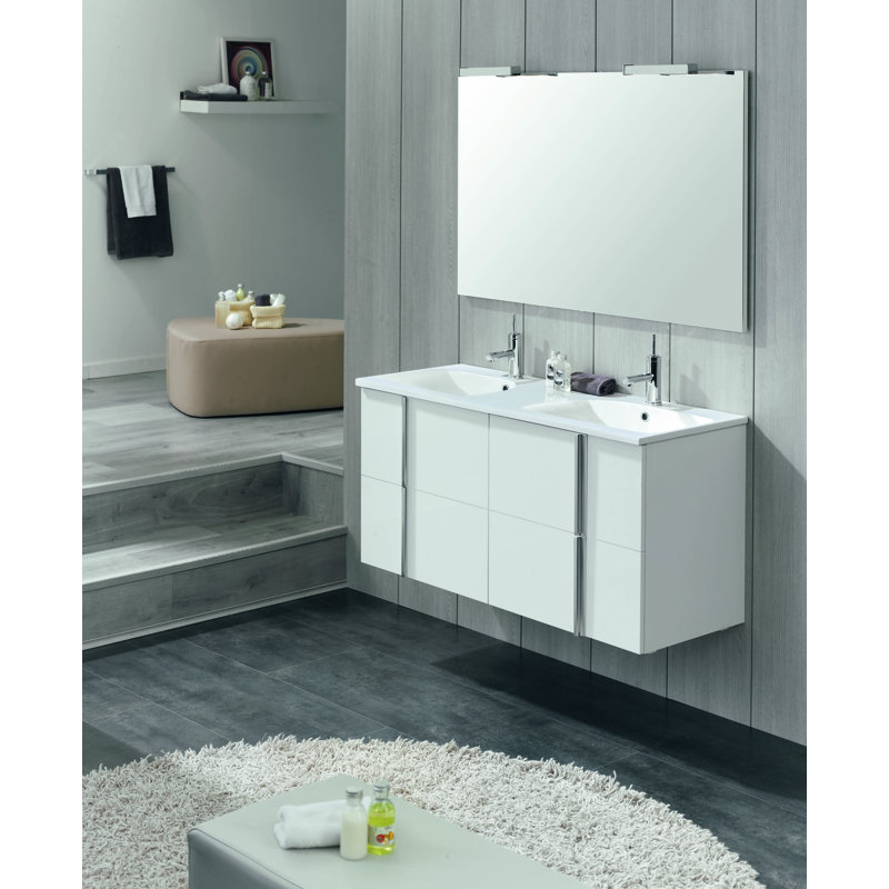 Ensemble de meuble-lavabo de salle de bain double fixé au mur 48" Miguel, Blanc, Chrome