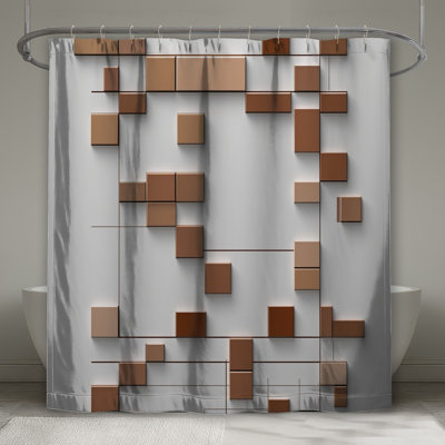 Brown Geometric Squares Shower Curtains Extra Long