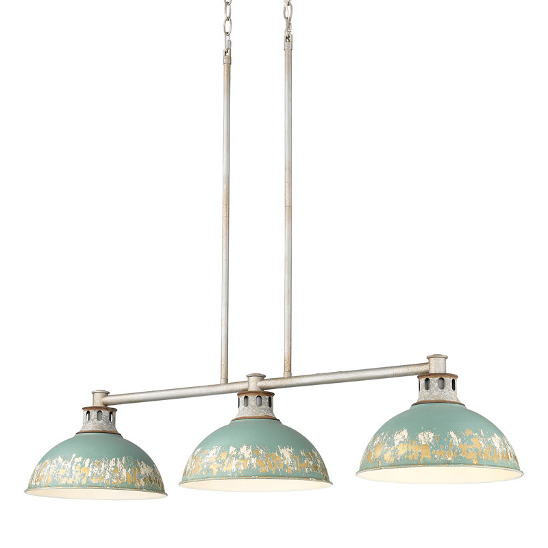 Kinsley 3-Light Linear Pendant In Aged Galvanized Steel With Antique, Antique Teal