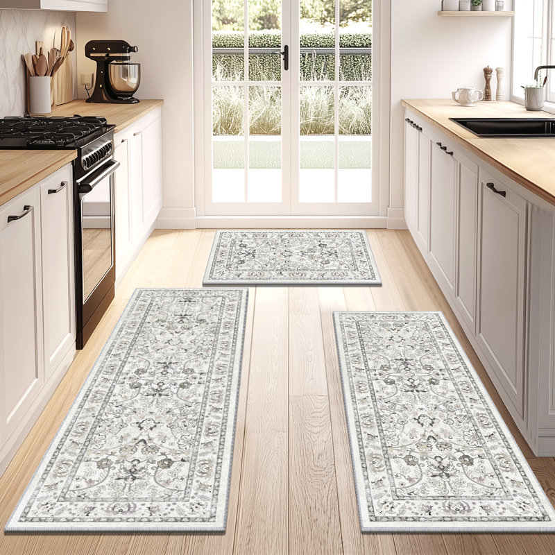 Machine Washable Non Slip Kitchen Mats (Set of 3), Cream