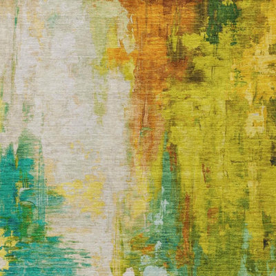 5' X 8' Green And Gold Abstract Washable Indoor Outdoor Area Rug