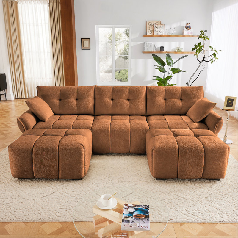 Ensemble de canapé 3 places avec repose-pieds et coussins décoratifs, structure robuste en bois massif en élégant tissu chenille texturé, parfait pour les salons, les salons, les bureaux ou les hôtels en orange brûlé