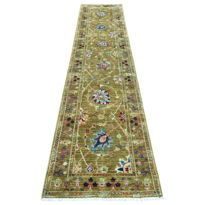 2'7"x11'7" Mustard Yellow, Hand Knotted Afghan Sultani All Over Floral Pattern, Soft and Vibrant Wool, Natural Dyes, Runner, Oriental Rug