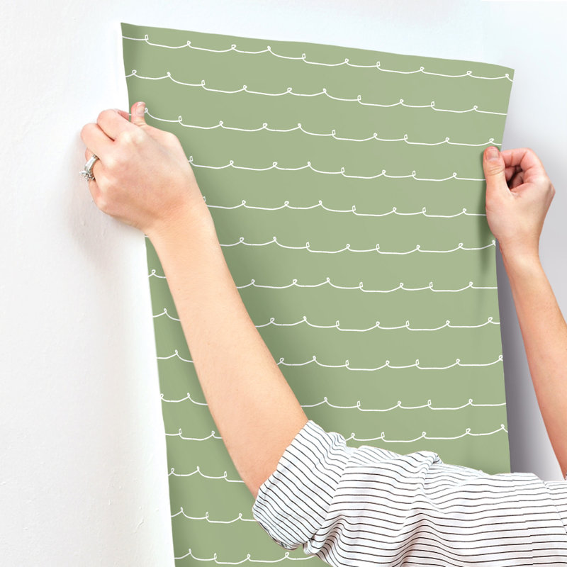Papier peint rayé vert Wiggle Line, Vert