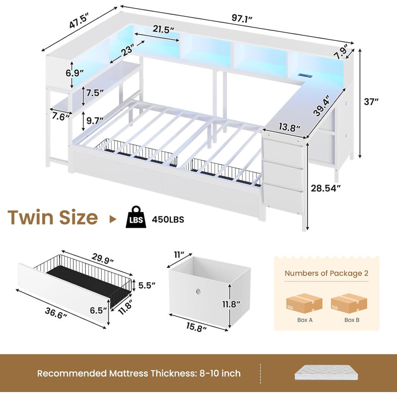 Twin Size Corner Bed With Bookcase Shelves And 2 Large Drawers,Twin Daybed With Led Lights And Charging Station,Corner Bed Frame With 39.4"L Desk,2 Fabric Drawers & Side Storage Bag,No Box Spring,White
