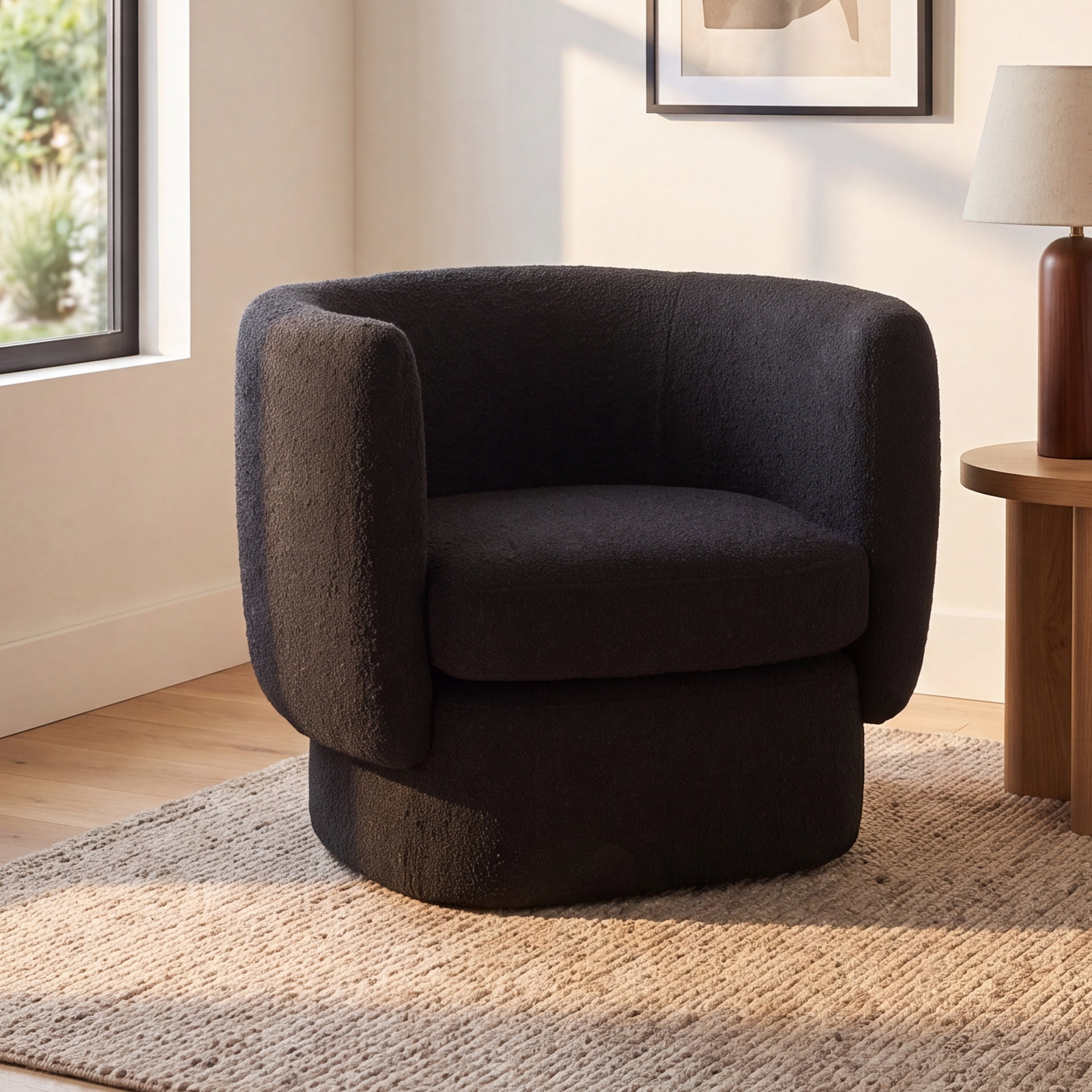 Atla Upholstered Barrel Chair, Maya Black Boucle