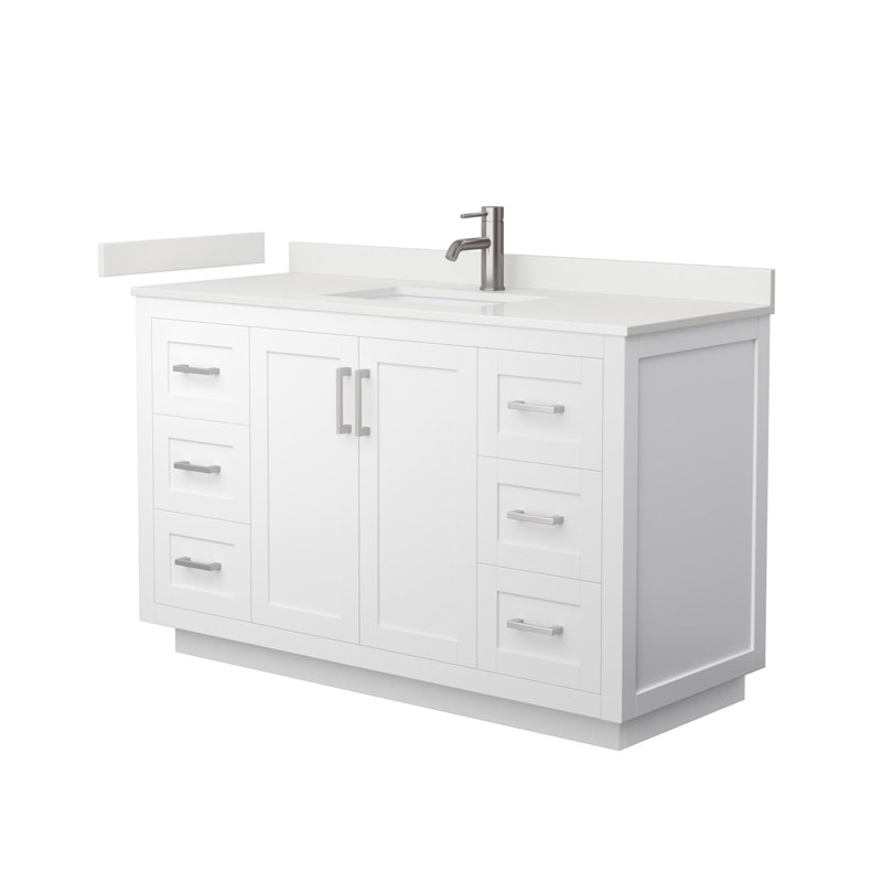 Ensemble de meuble-lavabo simple 54 po avec plateau en quartz Miranda, Quartz blanc, Blanc, Nickel brossé