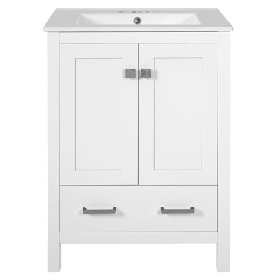 Meuble-lavabo blanc de 24 po, lavabo encastré en céramique, portes doubles, tiroir séparateur, support de porte double couche, fonction de fermeture en douceur et lavabo nécessitant peu d'entretien pour meuble-lavabo pratique avec espace simple