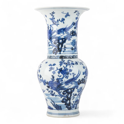 Blue and White Porcelain Vase with Birds and Peonies