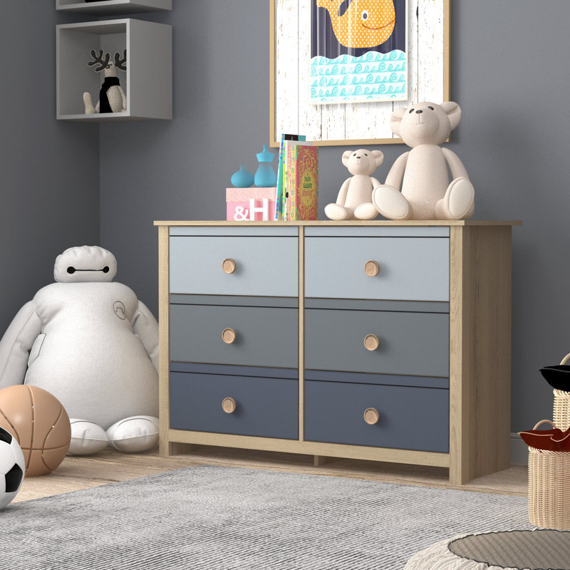 Bustillo 46.1'' W kids 6 -Drawer Dresser, Oslo Oak/Stone Gray/Cool Grey/Night Owl