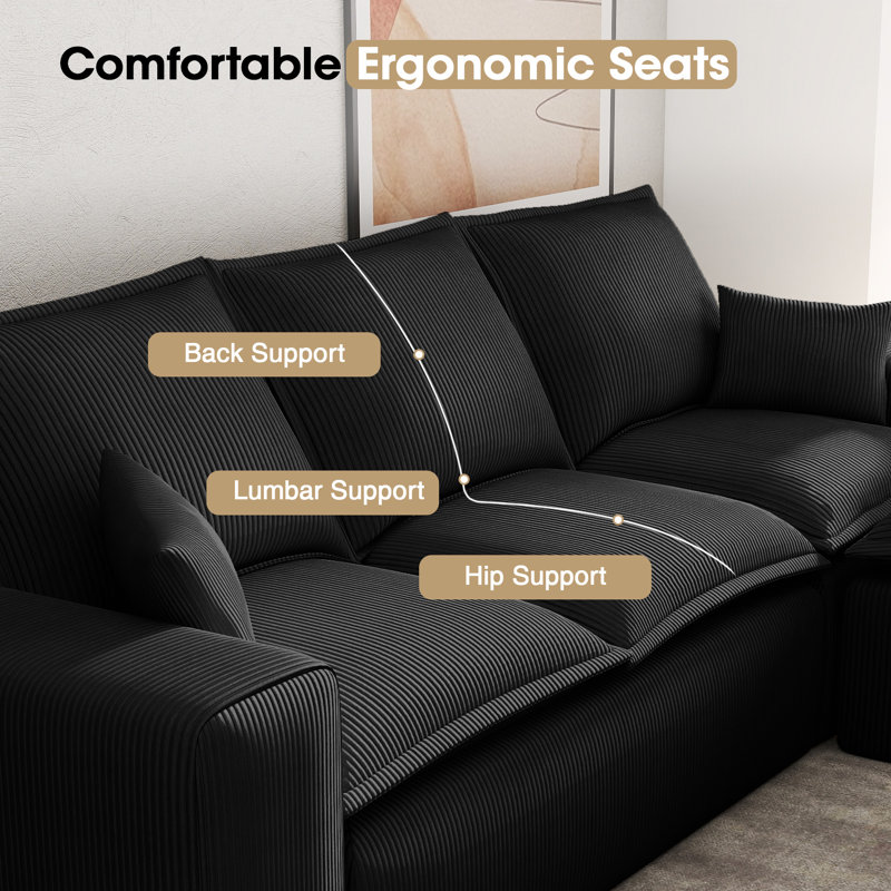 Boneless Sofa 107" No Assembly Required Modern Cloud Couch Corduroy Sectional Couches for Living Room, L-Shaped Boneless Couch with Ottoman